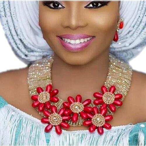 Newest Dubai Jewelry Sets With Red Flowers Indian Bridal Jewelry Set Wedding Crystal Nigeria Necklace Women Set 2018 Free Ship