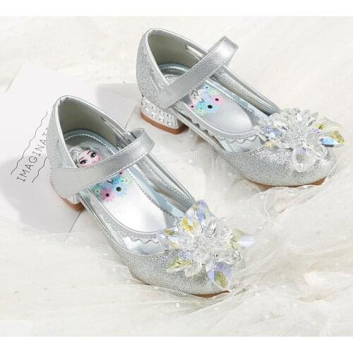 Disney princess shoes spring new glass flower baby single shoes little girl dance dress shoes gold powder crystal shoes