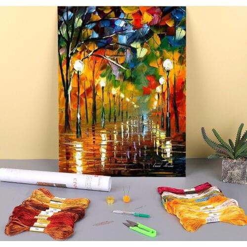 Night Park Printed Water-Soluble Canvas 11CT Cross-Stitch Set DIY Embroidery DMC Threads Hobby Needlework Package