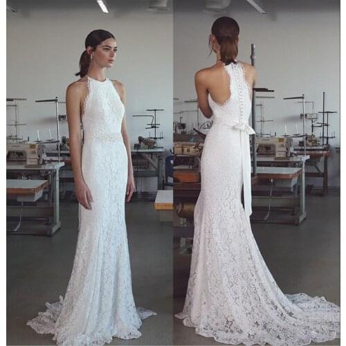 Vintage 2019 Lihi Hod Mermaid Wedding Dresses with Halter Neck Sweep Train Fully Classy Elegant Lace Trumpet Beach Bridal Gowns