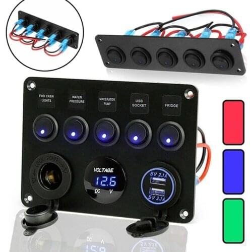 5 Gang Waterproof Digital Voltmeter Dual USB Port 12V Outlet Combination Car Marine Boat LED Rocker Switch Panel