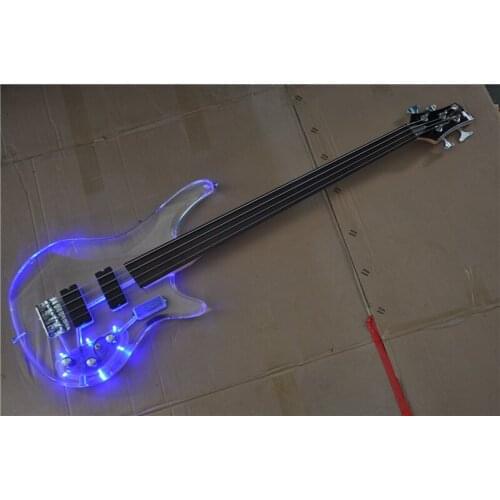High-quality customized version 4 string headless electric bass crystal glass transparent body led led luminescent colorf