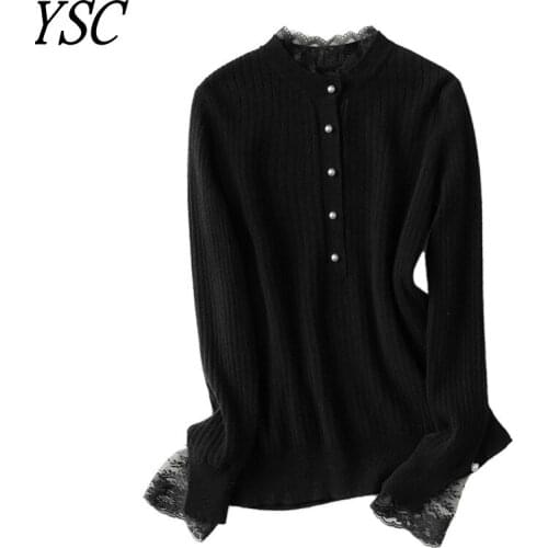YSC 2021 Hot Sales Women Knitted 100% wool Sweater Lace Half high collar Hollow decoration high quality Keep warm pullovers