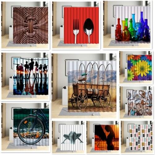 Shower Curtain Retro Board Graffiti Gate Flower Geometry lattice Home Bathroom Many Style Multi-Size With Hook Waterproof Cloth