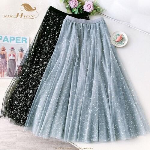 SISHION Blue Empty Star Skirt Female 2021 New Fairy Skirt Celebrity Style Sparkling Bright Pink Mesh Skirt SP1341