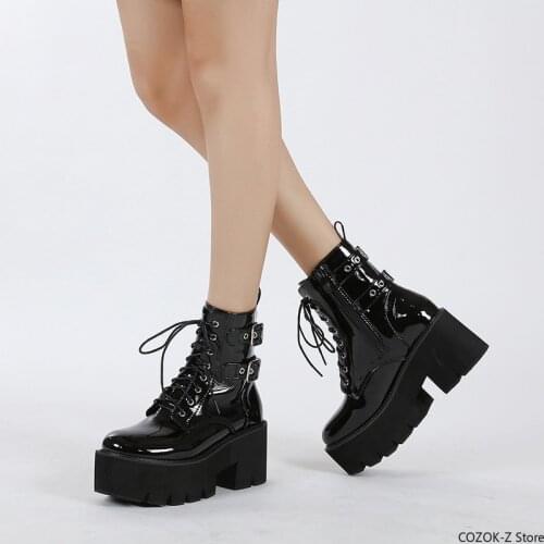 Black Gothic Women Shoes Autumn Ladies Ankle Boots High Heels Sexy Chain Punk Style Patent Leather Boots For Party Zipper