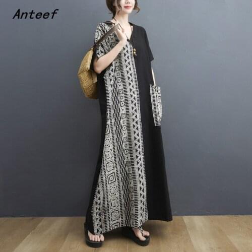 Short sleeve cotton vintage dresses for women casual loose maxi long woman summer beach dress elegant clothes 2021