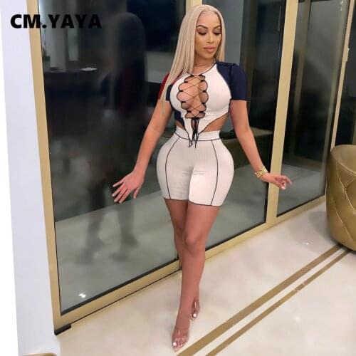 CM.YAYA Women Set Patchwork Lace Up Hollow Out Crop Tops Sheath Elastic Shorts 2 Two Piece Set Actvie Tracksuit Sweatsuit Outfit