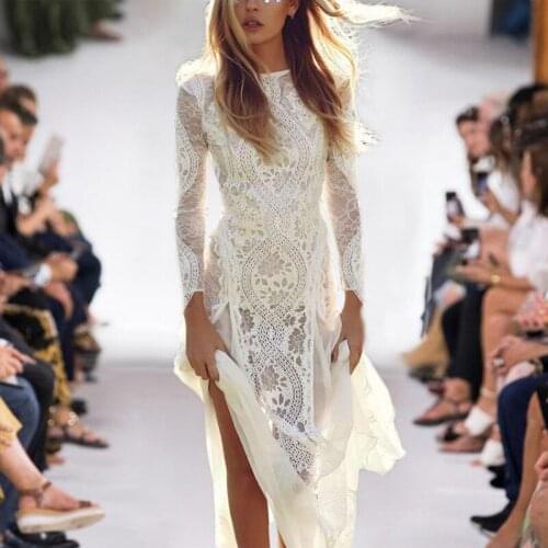 2021 Spring Summer Dress White Lace Crew Neck Panelled Mid Calf Long Sleeve Womens Dress