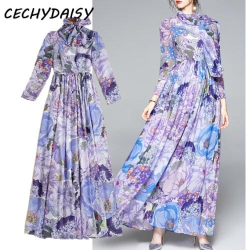 Maxi dress women fashion 2020 purple floral print chiffon long sleeve big swing beach plus size holiday party dresses with scarf
