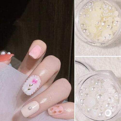 1Box 100pcs White Beige Pearls Mixed Size Nails Art Parts for Nail UV Gel Polish Decoration of Nail Accessories