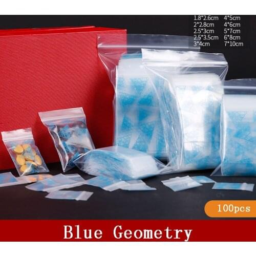 100pcs Multi-size Blue Geometry Plastic Zipper Bag Pouches Mini Zip lock Plastic Packaging Ziplock Pill Packaging Pouches
