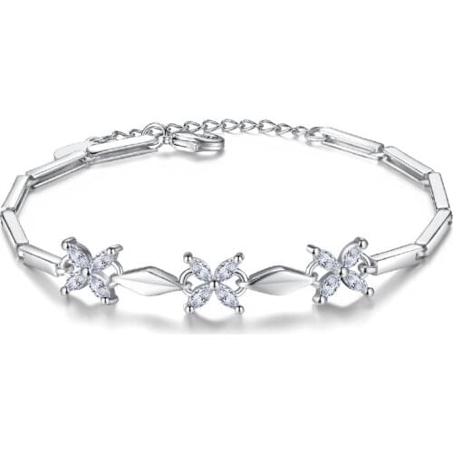 100% 925 sterling silver fashion cute flower shiny crystal bracelets for women jewelry birthday gift wholeslae drop shipping