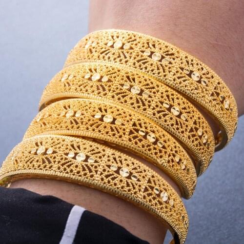 4Pcs/lot 24K Gold color Bangles For women African bridal wedding gifts party Dubai Flower Bracelet Jewelry Gift