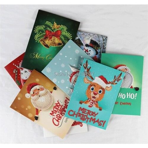 8pcs 5D Diamond Painting Cartoon Mini Santa Claus Merry Christmas Paper Greeting Post cards Craft DIY Festival Greet Cards gifts