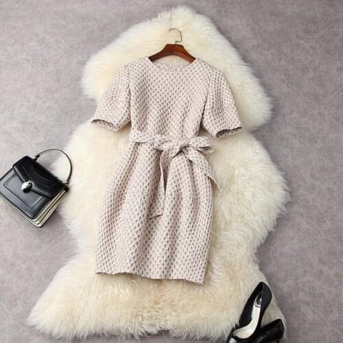 Short Dress Summer Woman 2021 NEW Simple Round Neck Lantern Sleeves Lace-up Waist Belt Solid Colour Elegant Mini Gown Female