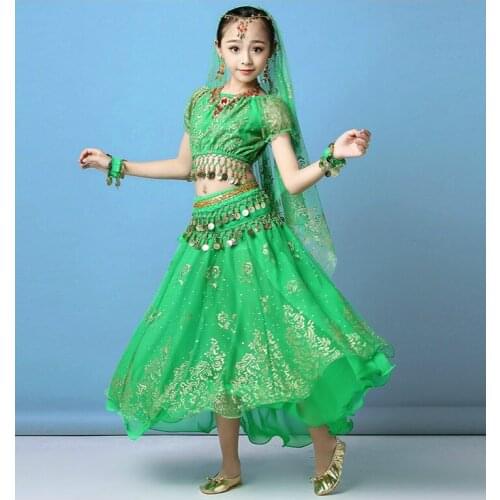 Girls Fashion India Dance Bollywood Outfit Child Belly Dance Dress Set India Clothes Chiffon Egyptian Dance Costume for Stage