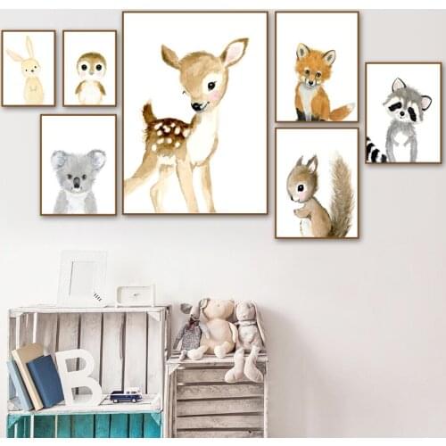 Fox Koala Penguin Raccoon Water Color Wall Art Canvas Painting Nordic Posters And Prints Wall Pictures For Baby Kids Room Decor