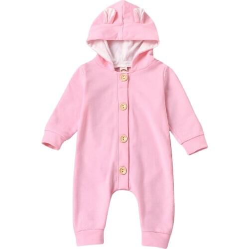 0-24M Newborn Baby Girls Boys Solid Hooded Romper, Long Sleeve Front Single Breasted One-piece Jumpsuit for Spring and Fall