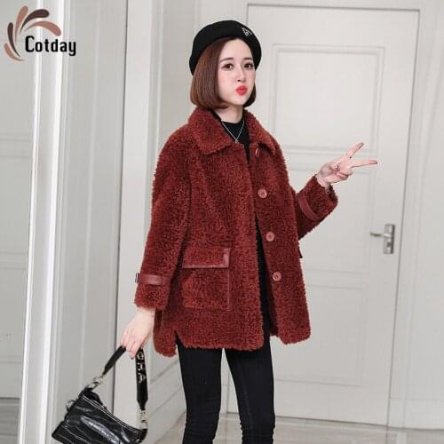 Cotday Real Wool Coat Single Breasted Winter Red Fashion Good Quality Winter Warm Women Button Female Natural Sheep Fur Coat