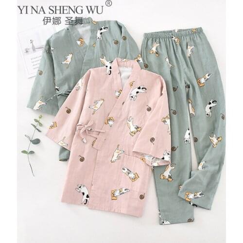 New Japanese Style Kimono Home Service Ladies Pajamas Set Printed Pyjamas Women 2PCS V-Neck Shirt+Pants Comfort Nature Sleepwear