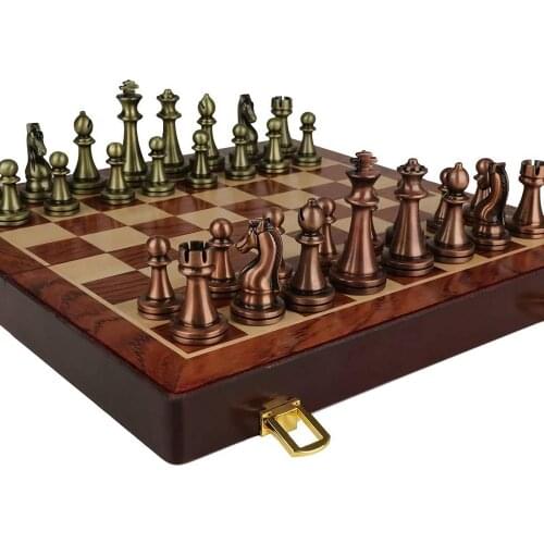 30CM Inches Chess Set with Folding Wooden Chess Board and Classic Handmade Standard Pieces Metal Chess Set for Kids Adult