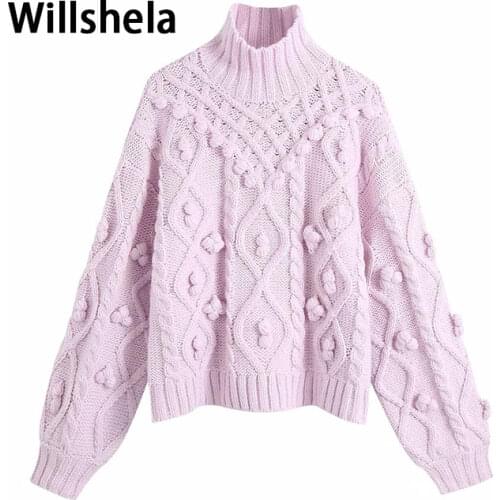New Fall Winter Women Knit Sweater High Neck Pompom Warm Thicken Chic Pink Women Sweaters Casual Fashion Pullover Tops