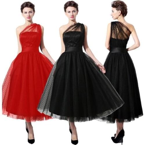 Vintage A Line One Shoulder Tea-length Tulle Cocktail Party Dress Wave Point Sheer Neckline Formal Party Gowns Plus Size