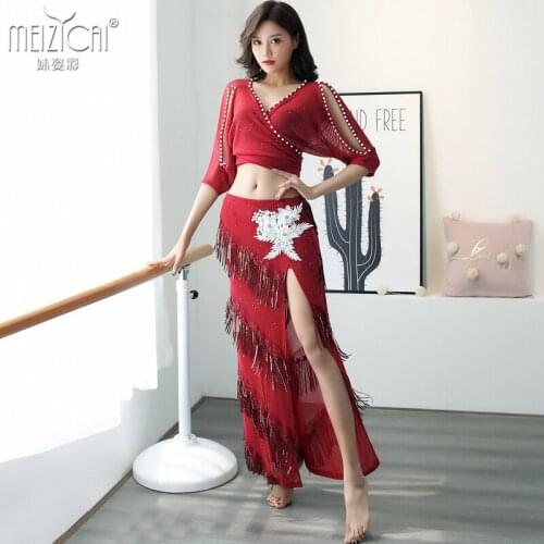 Belly dance skirt 2 pcs set group training clothes for womens Oriental dance sexy sequins show performance clothes S1120+Q3216
