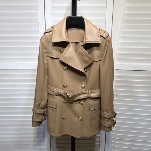 England Style Sheepskin leather coat Spring autumn 2021 Fashion Womens Gemuine leather double-breasted belt jackets B738