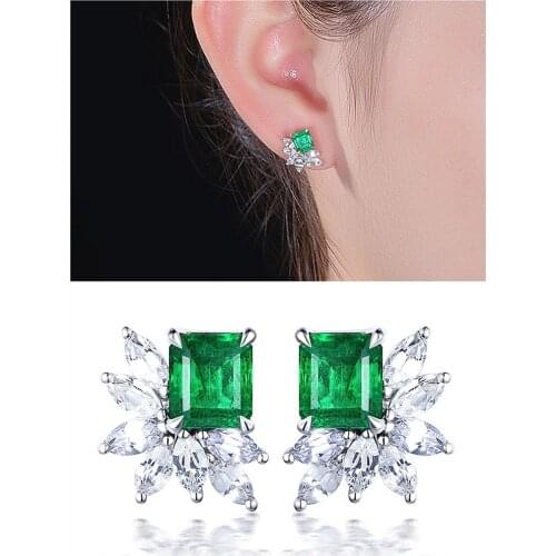 Fashion green crystal emerald gemstones diamonds stud earrings for women white gold silver color jewelry bijoux princess gifts