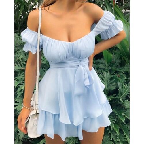 Women Sweet Off Shoulder Slash Neck Backless Ruffle Design Dress