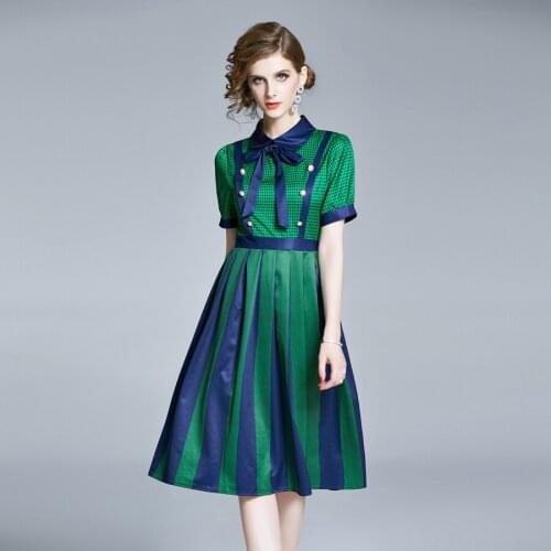 JSXDHK Vintage Womens Turn Down Collar Bow Dress 2021 Summer Green Dot Print Short Sleeve Pleated Dress Casual Button Dresses