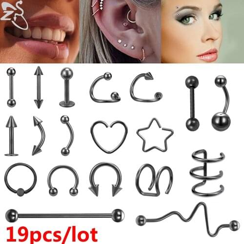ZS 19pcs/Lot Stainless Steel BCR Septum Nose Ring Sets Ear Helix Cartilage Piercing for Women Men Lip Tongue Eyebrow Piercing