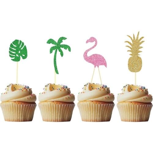 1set Jungle Tropical Theme Cake Topper Green Palm Leaf Pineapple Cupcake Decor Birthday Party Supplies Baby Shower DIY Accessory