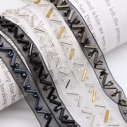 10Yards 10mm Black White Beaded Organza Lace Trim Collar Ribbons African Lace Sewing Materials Crafts For Clothes Wedding Dress