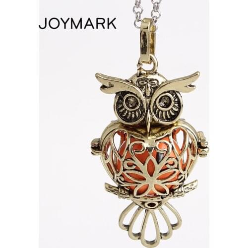 12pcs/lot Owl Shape Animal Hollow Chime Box Pendant Bola Angel Cage Sound Bell Ball DIY Pregnancy Necklace Jewelry HCPN28