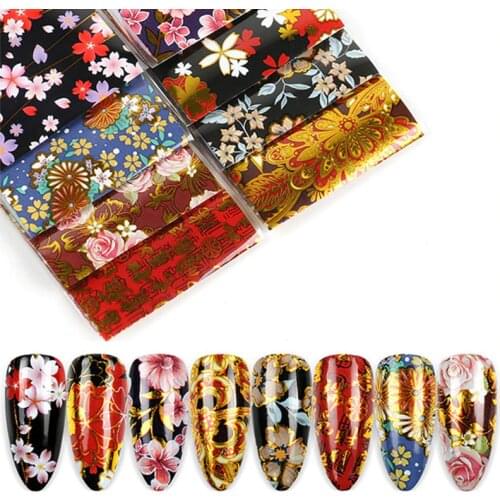 8pc/lot Nail Foils Holographic Colorful Flower Wraps Mixed Designs Stickers Nail Art Transfer Polish Decoration Manicure 4*20cm