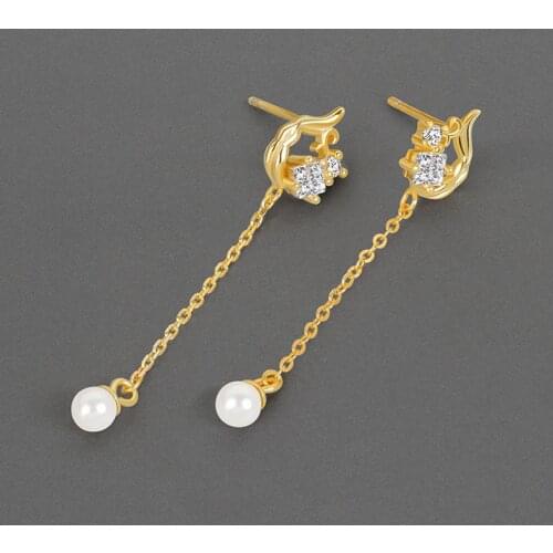 Binmonray 925 Sterling Silver Inlaid Zircon Shining Flower Tassel Earrings Women Sweet Fairy Pearl Pendant Long Earrings Jewelry