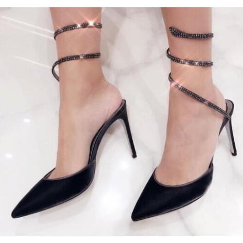 Moraima Snc Summer Pointed Toe High Heel Sandal Black Velvet Snake Pattern Gladiator Sandal Rhinestones Party Dress Heels