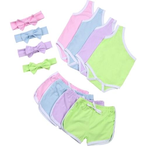 Citgeett Summer Solid Kids Baby Girl Romper Shorts Suit Sleeveless Shoulder Casual Headband Lace Up 3 Pieces Set