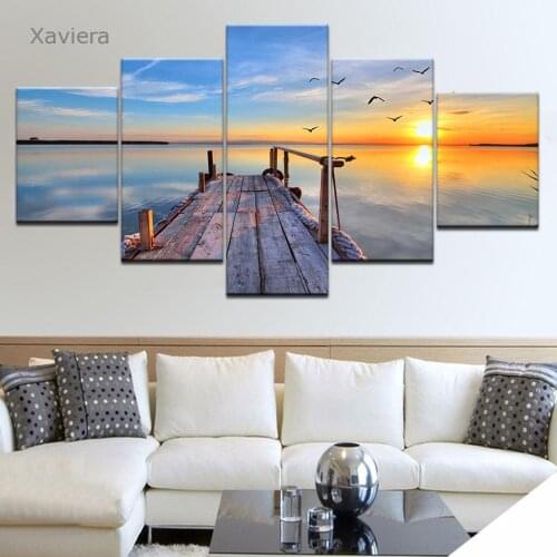 Five-Piece Hd Living Room Decoration Wall Art Poster Seagull Sea View Wooden Bridge Canvas Painting Modular Picture Frameless