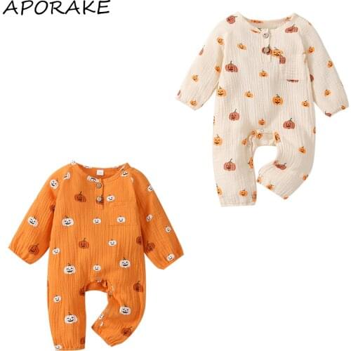 2021 0-18M Baby Halloween Jumpsuit Boys Girls Pumpkin Print O-Neck Long Sleeve Romper with Buttons Cotton Linen Clothes Costume