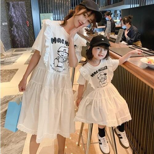 Cartoon Lace Mother and Daughter Family Matching Outfits Summer Dresses Kids Girls and Mom Short Sleeve Parent-child Clothes