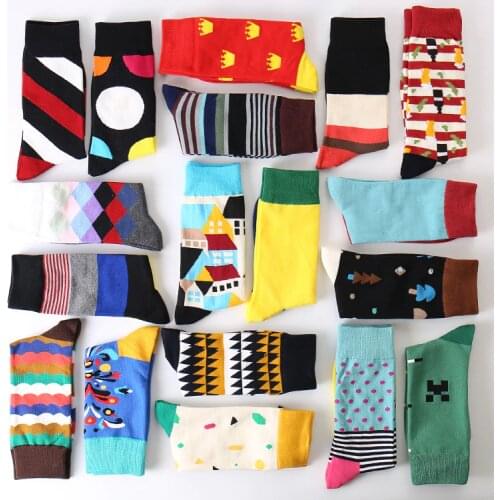 Summer Fashion Mens Cotton Socks Colorful Striped Jacquard Art Socks Hit Color Dot Long Socks Mens Dress Sock