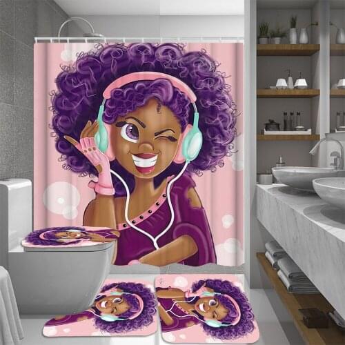 Loli with Headphones Pattern Bathroom Curtains African American Women Shower Curtain Set Bath Mats Rugs Toilet Cover Rug Sets