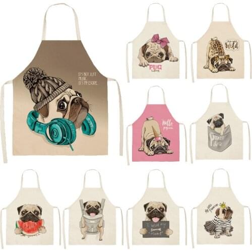 Cute Dog Pug Pattern Cotton Linen Sleeveless Apron Kitchen Aprons Women Home Cooking Baking Waist Bib Pinafore 53*65cm WQL0152