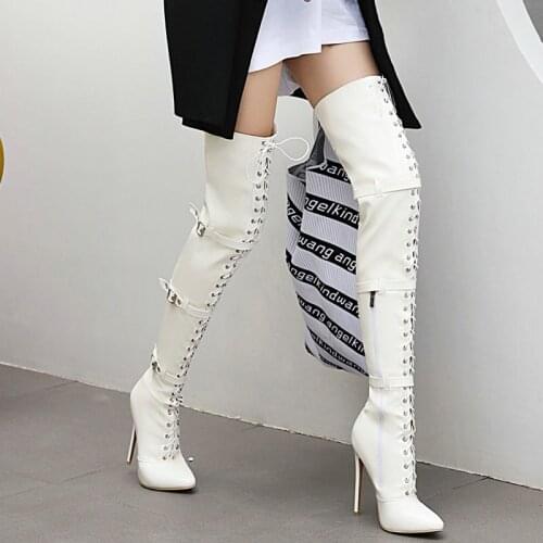 Fashion Mirror Patent Leather Female Thigh Boots Sexy Stiletto High-Heel Zipper Rider Boots Lady Cross Tied Autumn Winter Shoes
