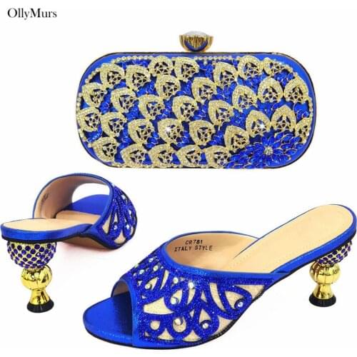 Fashion European Design Rhinestone Shoes And Bag Set 2019 African Summer Woman Square Heels Shoes And Bag Set For Wedding Party