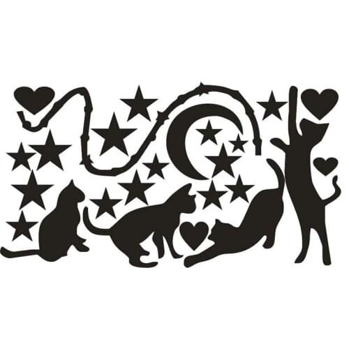 Cartoon Black Kitten Picking Stars Moon Wall Stickers For Kids Room Cute Cats Art Mural Bedroom Door Decor Vinyl DIY Wall Decals